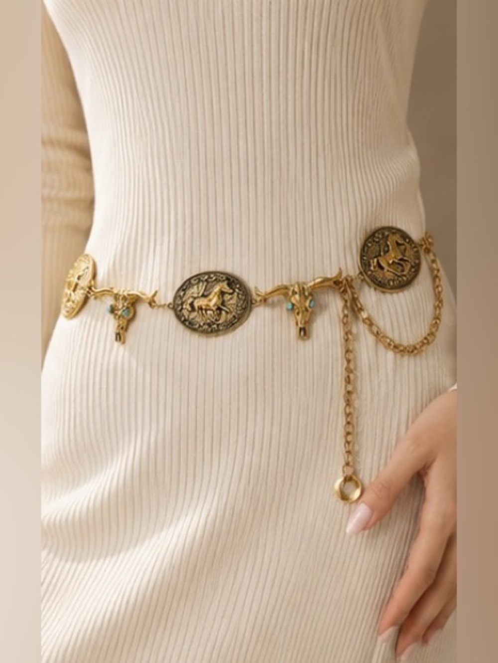 Western Longhorn Concho Chain Belt Gold Tone Boho Cowgirl Belt